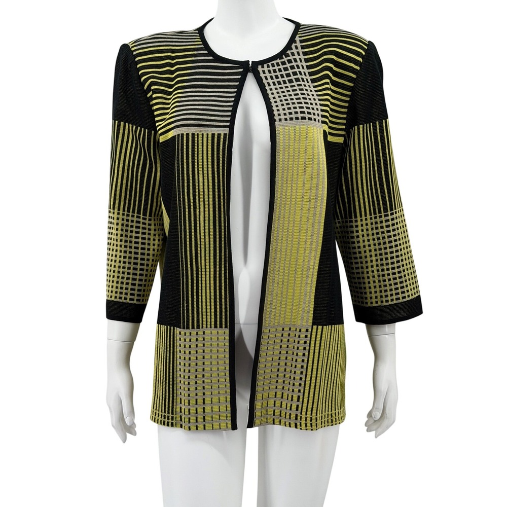 Ming Wang Blazer Womens Large Yellow Black Geometric Cardigan Knit Office Modern